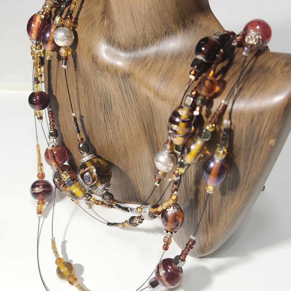 Chicos Multi Strand Colored Stone Speckled Glass Beaded Wire Necklace NOS